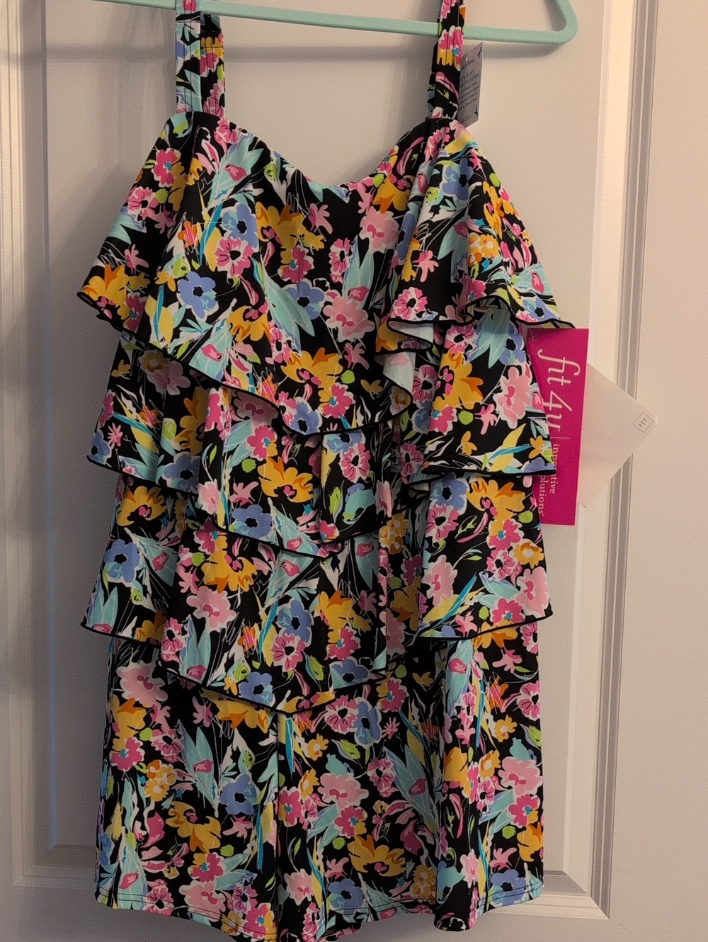 Fit 4 U Floral Tiered Swim Romper - Black with Yellow, Pink & Blue Flowers